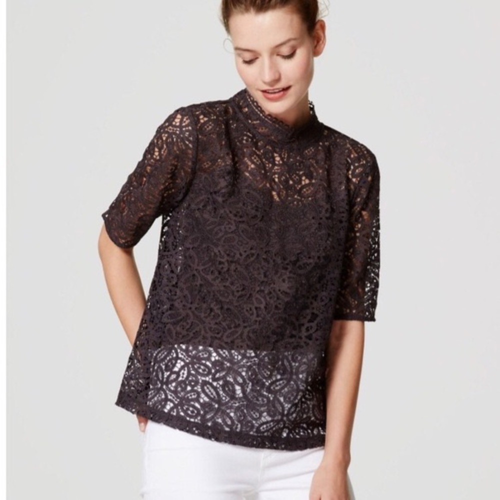 (NWOT) Loft - Gray Lace Mock Neck Blouse - XS